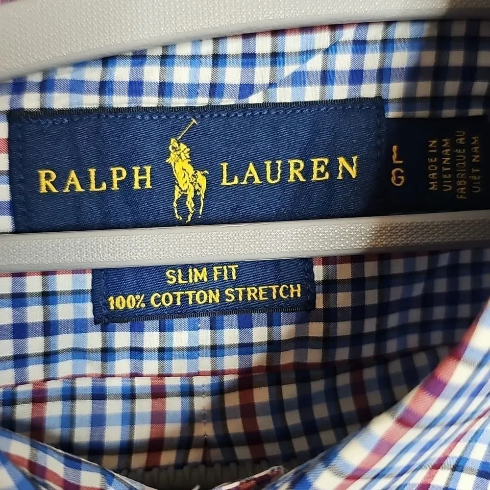 Ralph Lauren Polo Slim Fit Blue Red Plaid Casual Button Down Shirt Long Sleeve L